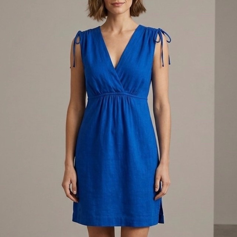 LRL Blue Cotton Gauze Empire Waist Mini Dress SM Pockets Coastal Boho Feminine